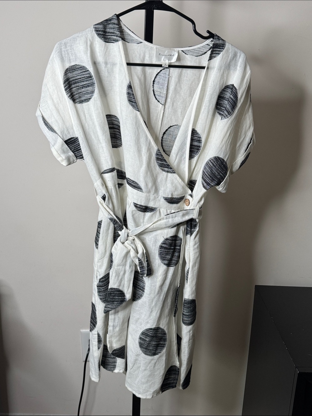 Line & Dot White Wrap Midi Dress with Black Polka Dots